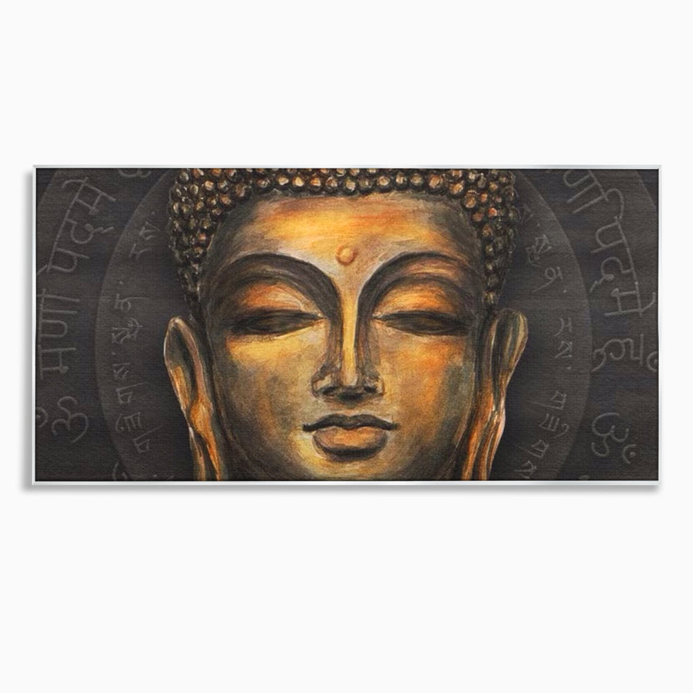 Tablou canvas cu pictura cu chipul lui buddha, in rama de aluminiu argintiu